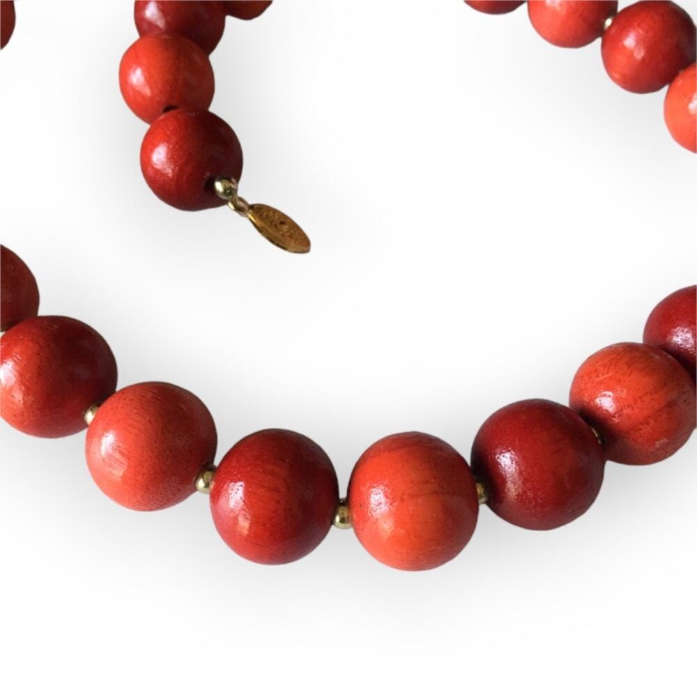 Vintage cherry red two-tone wooden beaded necklace